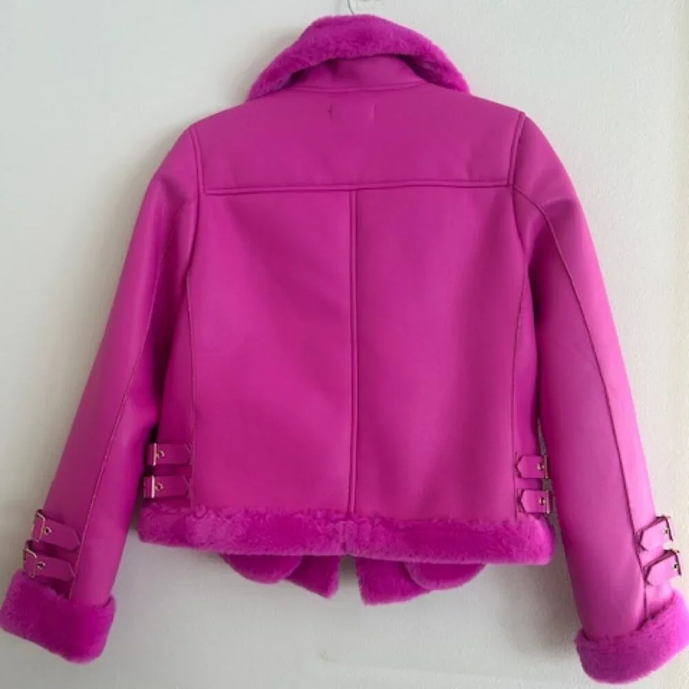 Generation Love Dion Hot Pink Faux Fur Shearling Zip Buckle Moto Jacket NWT XS - Picture 16 of 16